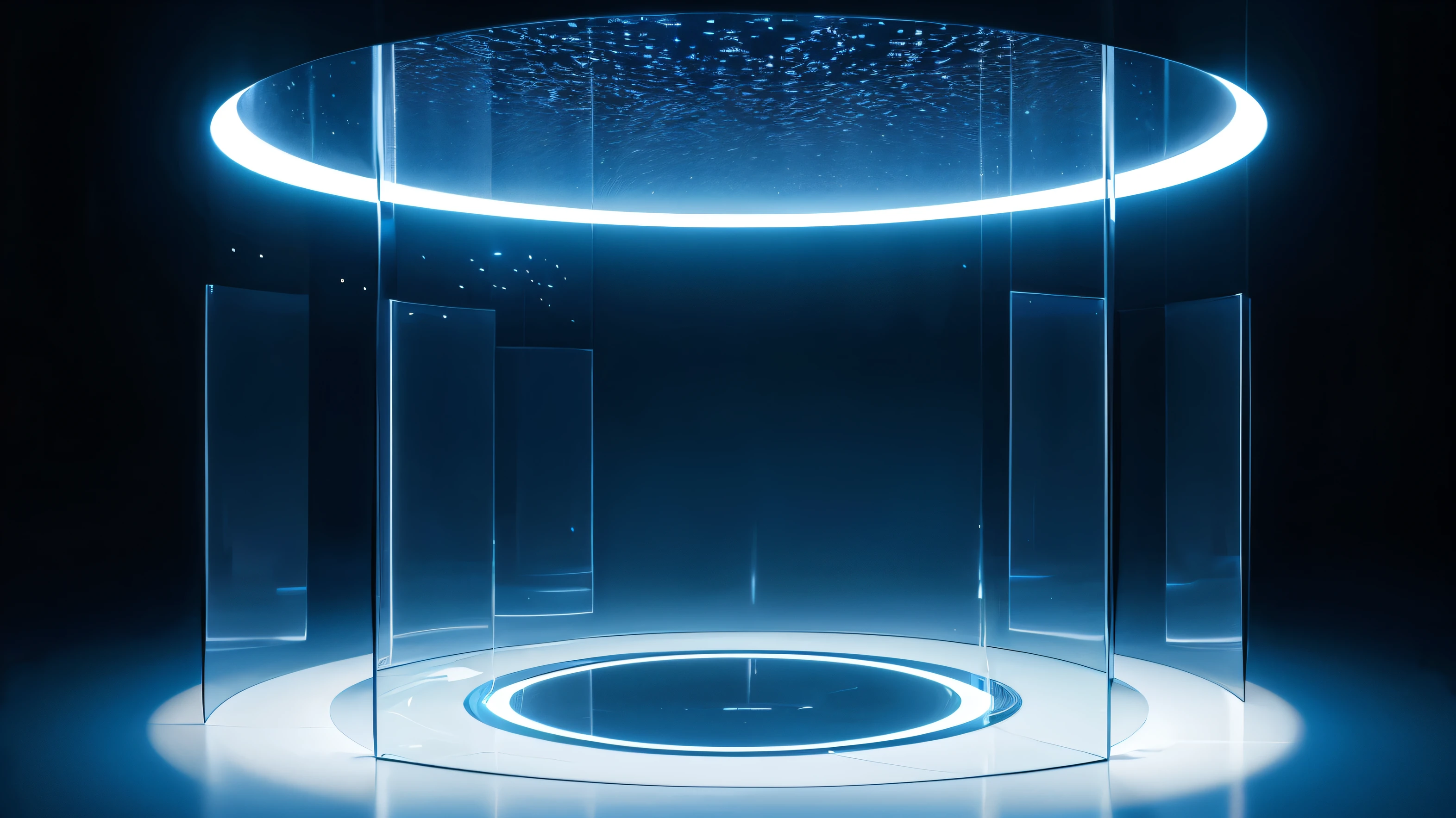 technology blue future technology digital future lighting scene business background ,Background abstract transparent glass frame composed of lights,Square Stage,abstract、Gorgeous lighting。geometry,Round stage