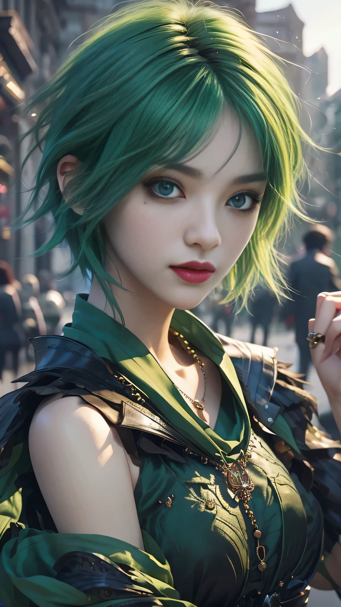 masterpiece, top-quality, ((1womanl)), different green color, finely eye and detailed face, intricate detailes, Casual black and green attire, window, A smile, Happiness, tenderness, high-level image quality、selfee, Beautuful Women、tall、a small face, D-cups, The upper part of the body、nightfall, nighttime scene、𝓡𝓸𝓶𝓪𝓷𝓽𝓲𝓬、Korea person, Idol Photos, Model photo, k pop, Professional Photos, Vampires, Korean fashion in black and green, Fedoman with necklace, inspired by Sim Sa-jeong, androgynous vampire, :9 detailed face: 8, extra detailed face, detailed punk hair, ((eyes are deialed)) baggy eyes, Seductive. Highly detailed, semi realistic anime, Vampires, hyperrealistic , Delicate androgynous princess, imvu, ((short hair woman)), green hair woman with wild look, ((Woman with short green hair)), ((1 persons)),