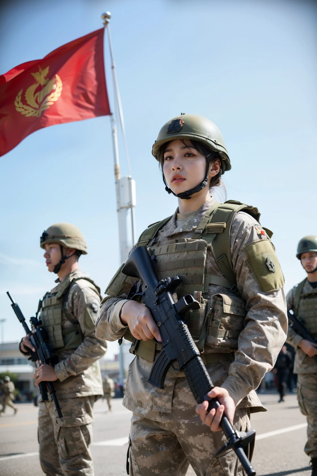 Fully armed soldiers and five-star red flag