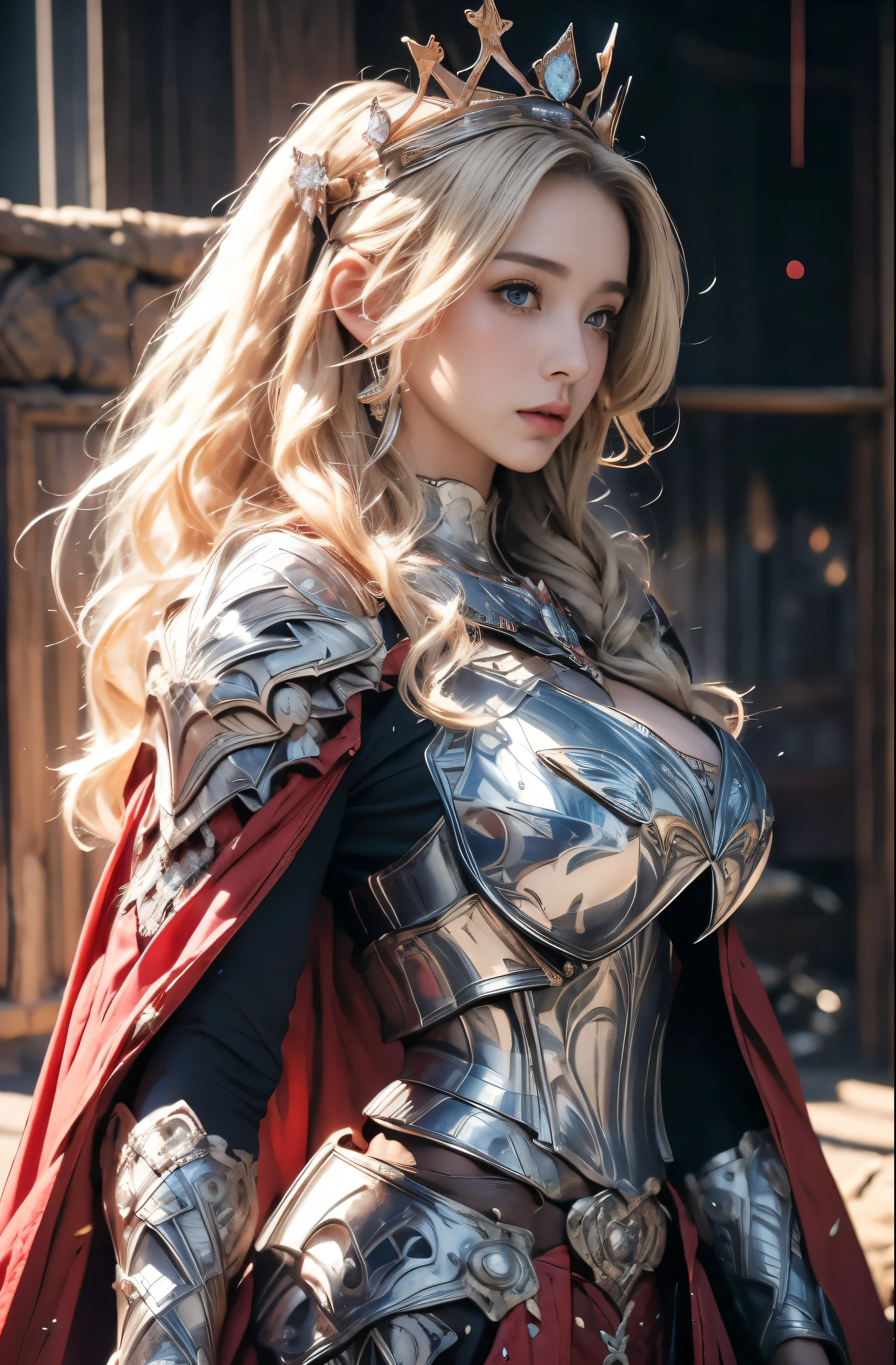 Elegant armor,princess, Full body, wearing a hijab , crown luxury , blue eye, blond hair, around , (red silver hijab), tmasterpiece，Best quality at best，A high resolution，8K，((Portrait))，(upper body)，Original photo，real photograph，digital photography, (Medieval angel princess in fantasy style), elegant princess ，blue eye， super colossal brest, pointy colossal breast extravagant ornament，cparted lips，Keep your mouth shuegant and charming，((Blushing))，virgin content，Calm and handsome，(Medieval fantasy armor, The Beautiful super huge pointy breast, small waist, perfect colossal breast of princess body, a blue delicate pattern，red Cloak)，(anhelic princess character medieval fantasy style，oc render reflection texture, elegant style,  sexy colossal breast , medieval castle background, slim body, very small waist, (luxury armor pattern) , super slim ,beautiful like angel 