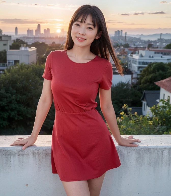 ((highest quality、8k、masterpiece:1.3))、Photorealistic, Sharp focus, high resolution, High resolution, Portraiture, alone, Japanese, Middle-aged women, Beautiful woman, 26 years old、Big Breasts、Red tight mini skirt casual dress、Photograph the whole body、Standing at the top of the chimney、Sunset、Overlooking the city、smile