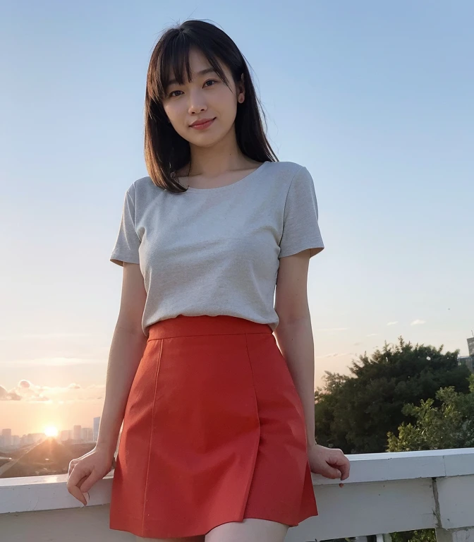 ((highest quality、8k、masterpiece:1.3))、Photorealistic, Sharp focus, high resolution, High resolution, Portraiture, alone, Japanese, Middle-aged women, Beautiful woman, 26 years old、Big Breasts、Red tight mini skirt casual dress、Photograph the whole body、Standing at the top of the chimney、Sunset、Overlooking the city、smile