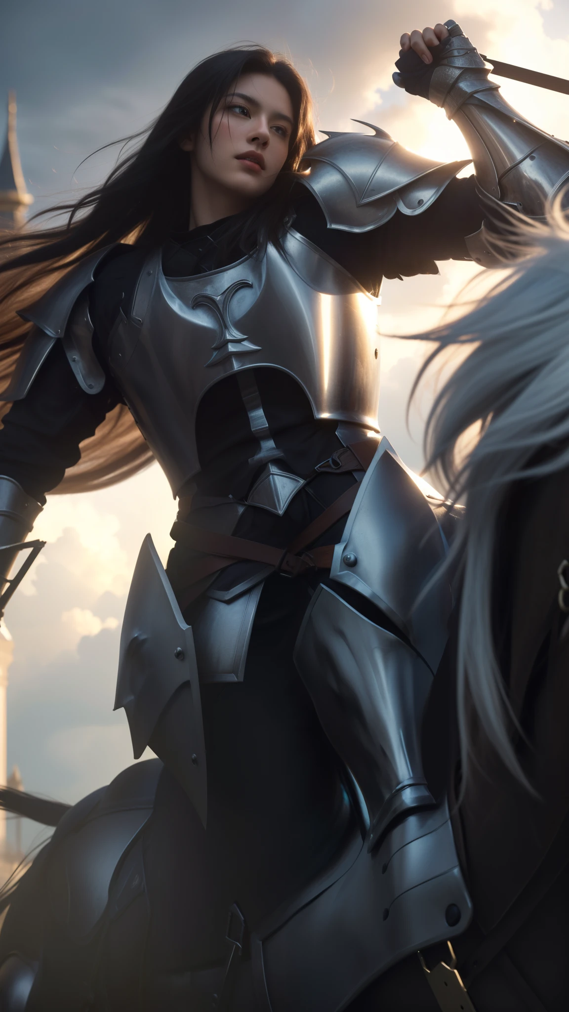 a man in armor riding a horse, black long hair, male knight, detailed armor, medieval fantasy, highly detailed, epic, cinematic, dramatic lighting, intricate details, photorealistic, 8k, best quality, ultra-detailed, (realistic:1.4), (photorealistic:1.3), (cinematic:1.2), dynamic pose, heroic, rugged features, determined expression, powerful steed, lush environment, castle in the background, cloudy sky, sunlight rays, volumetric lighting, depth of field