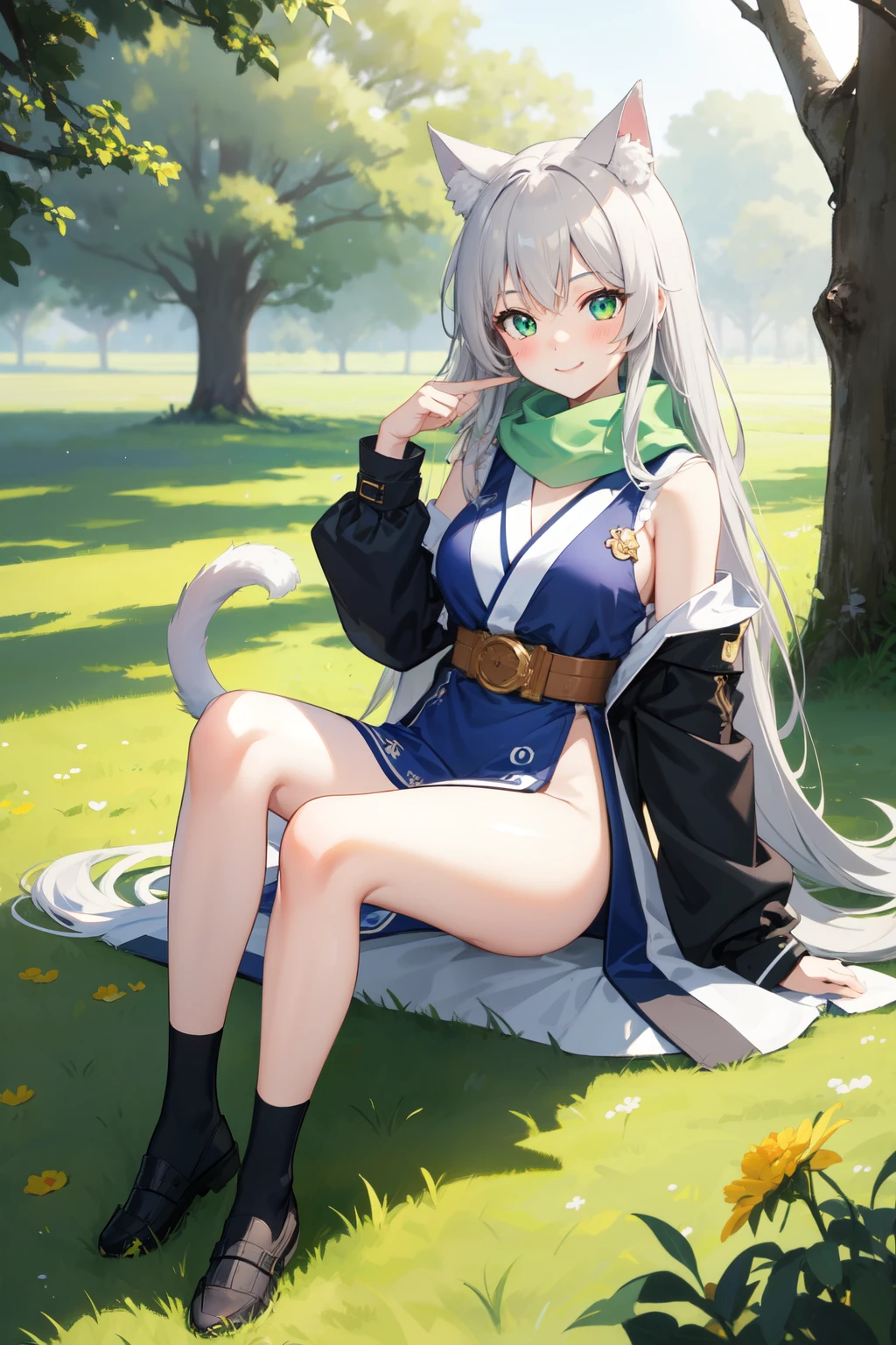 1 girl, neko girl, full body, , white skin, gray cat ears, no human ears, smiley face, happy, blushing, smiling, BLUE ninja dress, belt, brown ninja shoes, white scarf, sitting on the grass, Under a tree, Shadow, high quality, Beautiful face, big green eyes, Green cat eyes, elongated pupils, 2-color hair, gray hair with orange details, bangs, pointed bangs, waist-length hair, tail horse, medium breasts, 2 seductive legs, tall, cat tail, gray, green landscape background, field, Sunny, sun rays, looking at me, anime