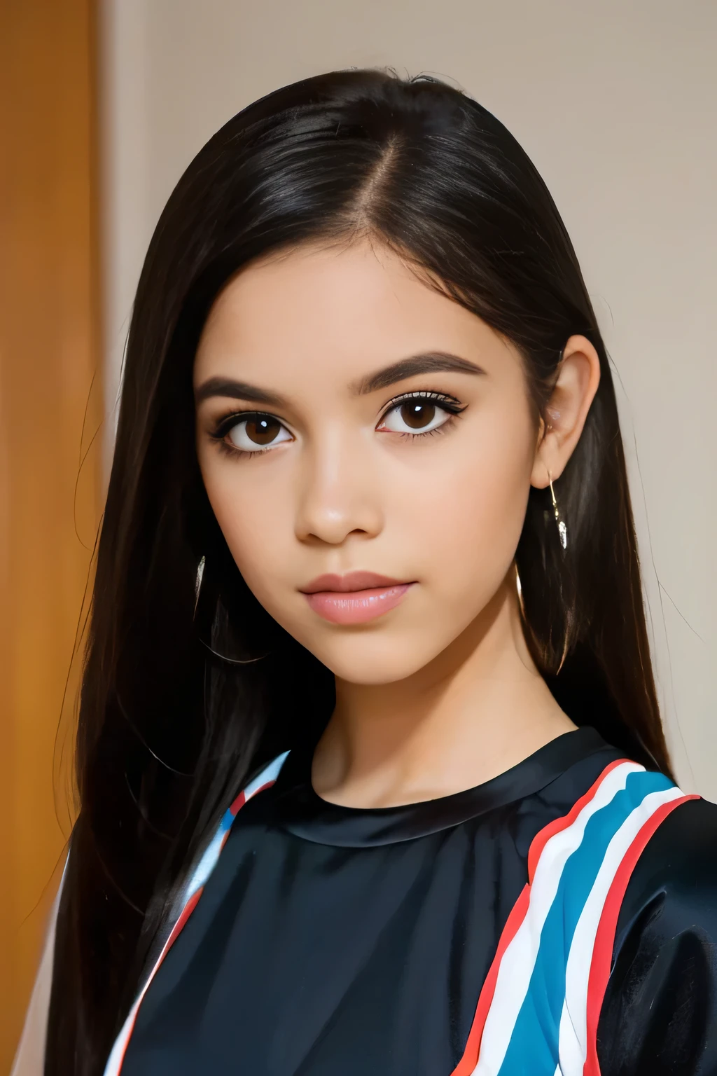 Latin girl. Dark hair. Straight hair. Dark Eyes. . Young adult. Pretty. Popular. Outgoing. Cheerleader. Thin eyebrows. Hoop earrings. Cheerleader dress.