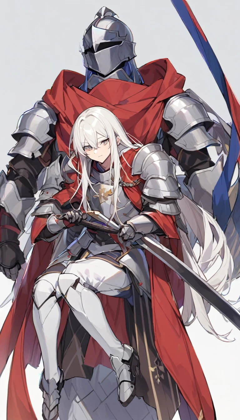 1 long-haired albino male knight, Wearing a red hood、Wearing heavy armor and carrying a long sword