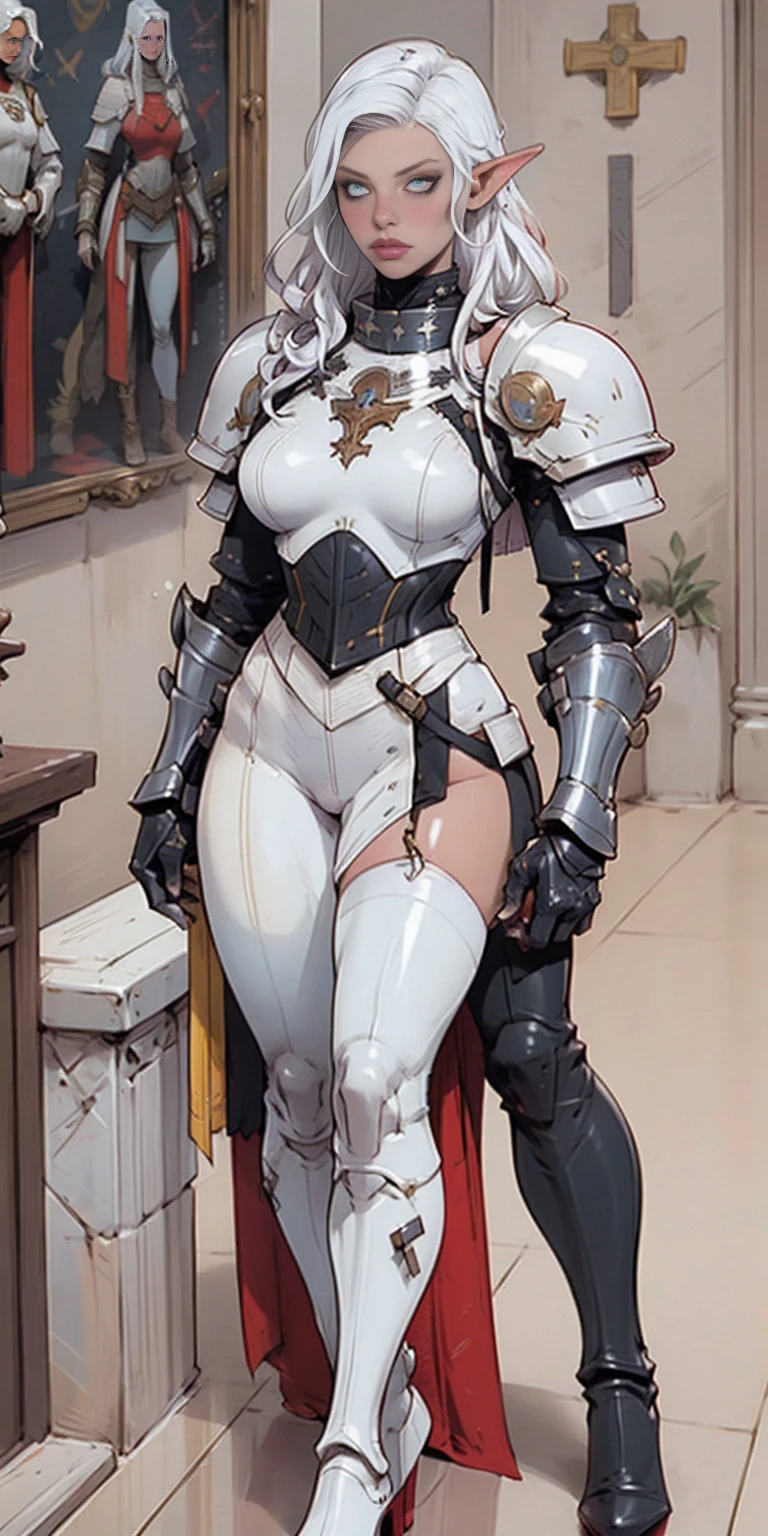 masterpiece, best quality, high quality, white SKIN elf, long hair, white hair, yellow eyes, full body, def_effie, blue breastplate, white skin, looking at viewer, shiny,armor, thighhighs, high boots,shoulder armor, faulds, poleyn, gloves, gauntlets