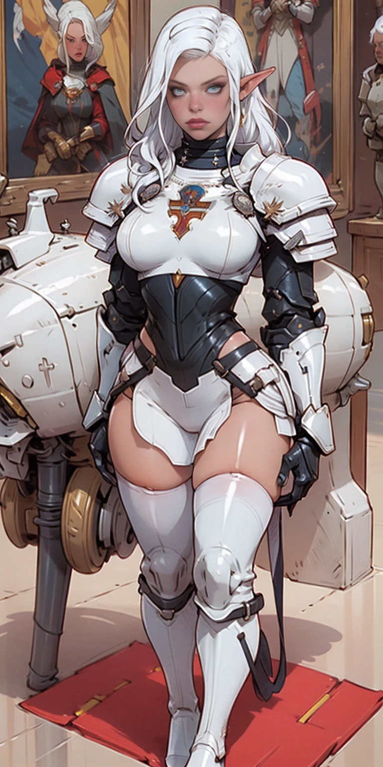 masterpiece, best quality, high quality, white SKIN elf, long hair, white hair, yellow eyes, full body, def_effie, blue breastplate, white skin, looking at viewer, shiny,armor, thighhighs, high boots,shoulder armor, faulds, poleyn, gloves, gauntlets