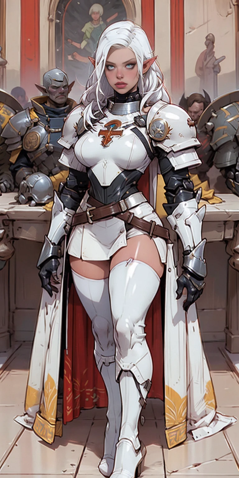 masterpiece, best quality, high quality, white SKIN elf, long hair, white hair, yellow eyes, full body, def_effie, blue breastplate, white skin, looking at viewer, shiny,armor, thighhighs, high boots,shoulder armor, faulds, poleyn, gloves, gauntlets