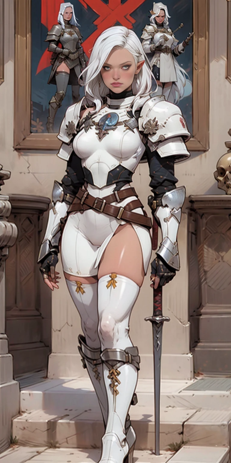 masterpiece, best quality, high quality, white SKIN elf, long hair, white hair, yellow eyes, full body, def_effie, blue breastplate, white skin, looking at viewer, shiny,armor, thighhighs, high boots,shoulder armor, faulds, poleyn, gloves, gauntlets