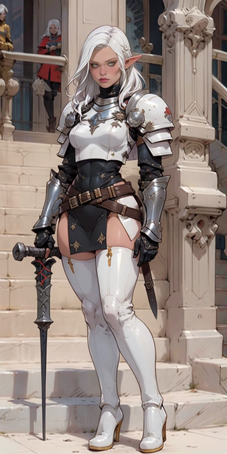 masterpiece, best quality, high quality, white SKIN elf, long hair, white hair, yellow eyes, full body, def_effie, blue breastplate, white skin, looking at viewer, shiny,armor, thighhighs, high boots,shoulder armor, faulds, poleyn, gloves, gauntlets