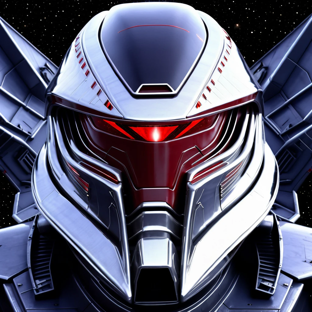 Battle Star Galactica, A cylon raider (shining chrome plates, central menacing red eye) in a cold sterile Cylon space ship, close up on the face. cruel, menacing, dangerous
