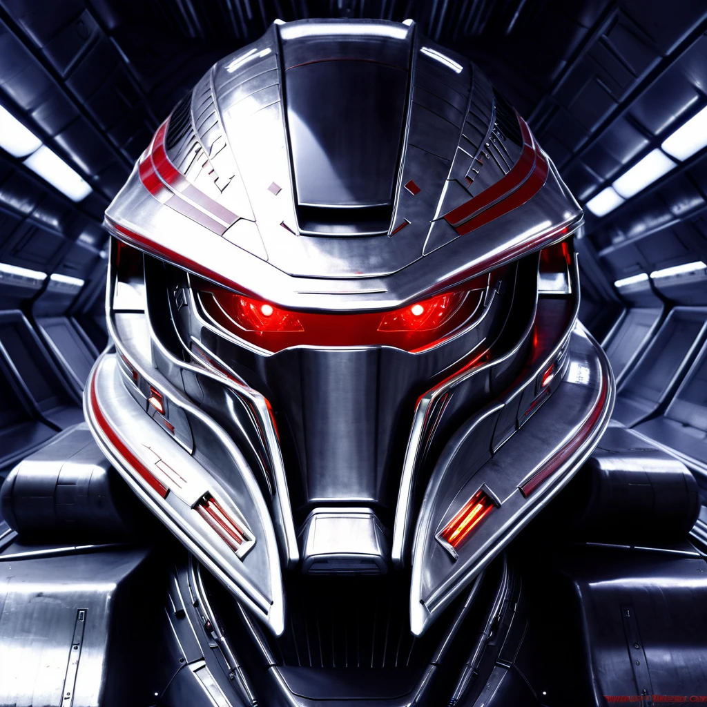 Battle Star Galactica, A cylon raider (shining chrome plates, central menacing red eye) in a cold sterile Cylon space ship, close up on the face. cruel, menacing, dangerous
