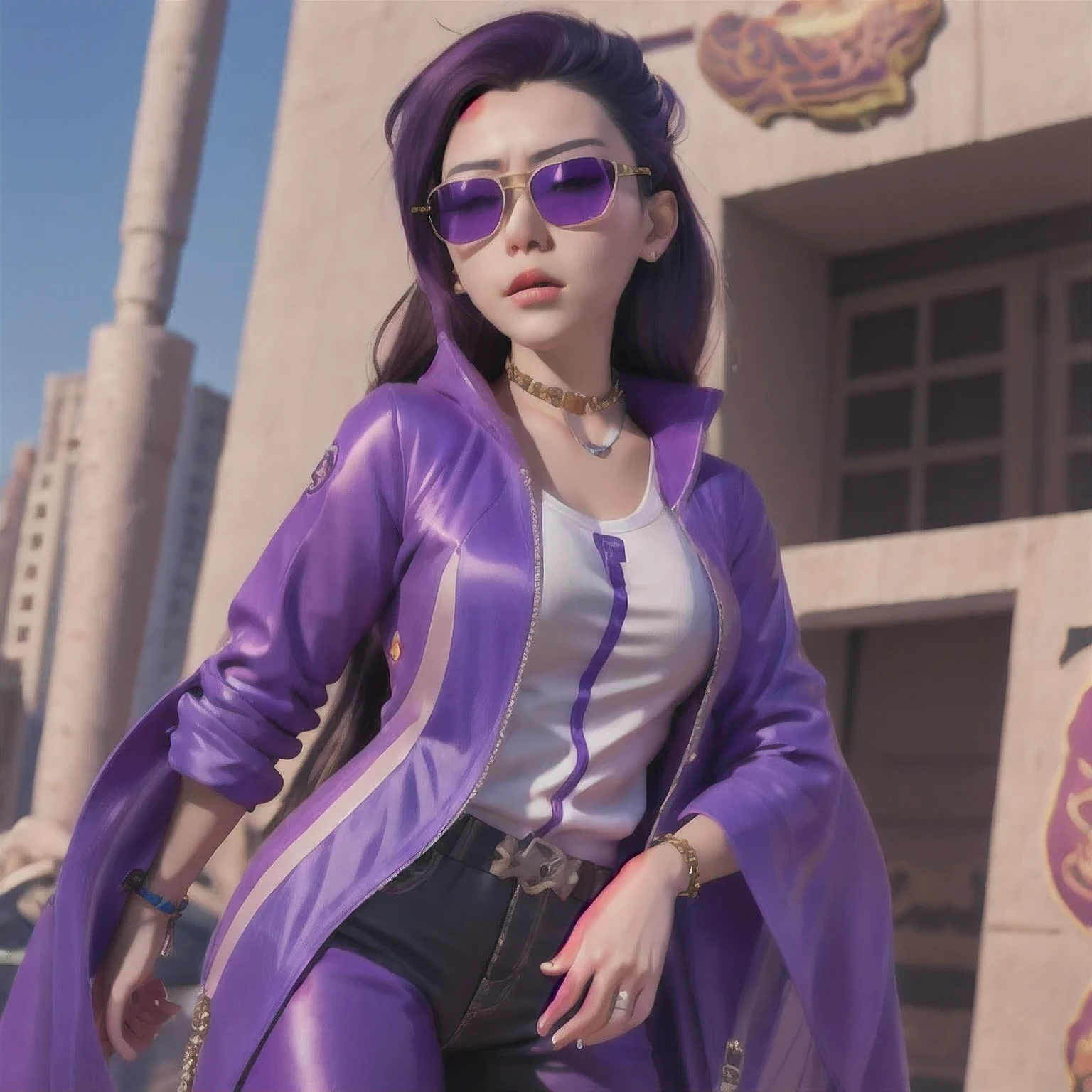 🌺 wearing a purple outfit and sunglasses with a purple choke, trending on cgstation, artwork in the style of guweiz, inspired by Yanjun Cheng, guweiz, deviantart artstation cgscosiety, 🌺 cgsociety, 3 d render character art 8 k, g 🌺 art style, inspired by Feng 🌺,sunglasses,（（Imperial Green Emerald Desert Windproof Sunglasses））With eyes closed