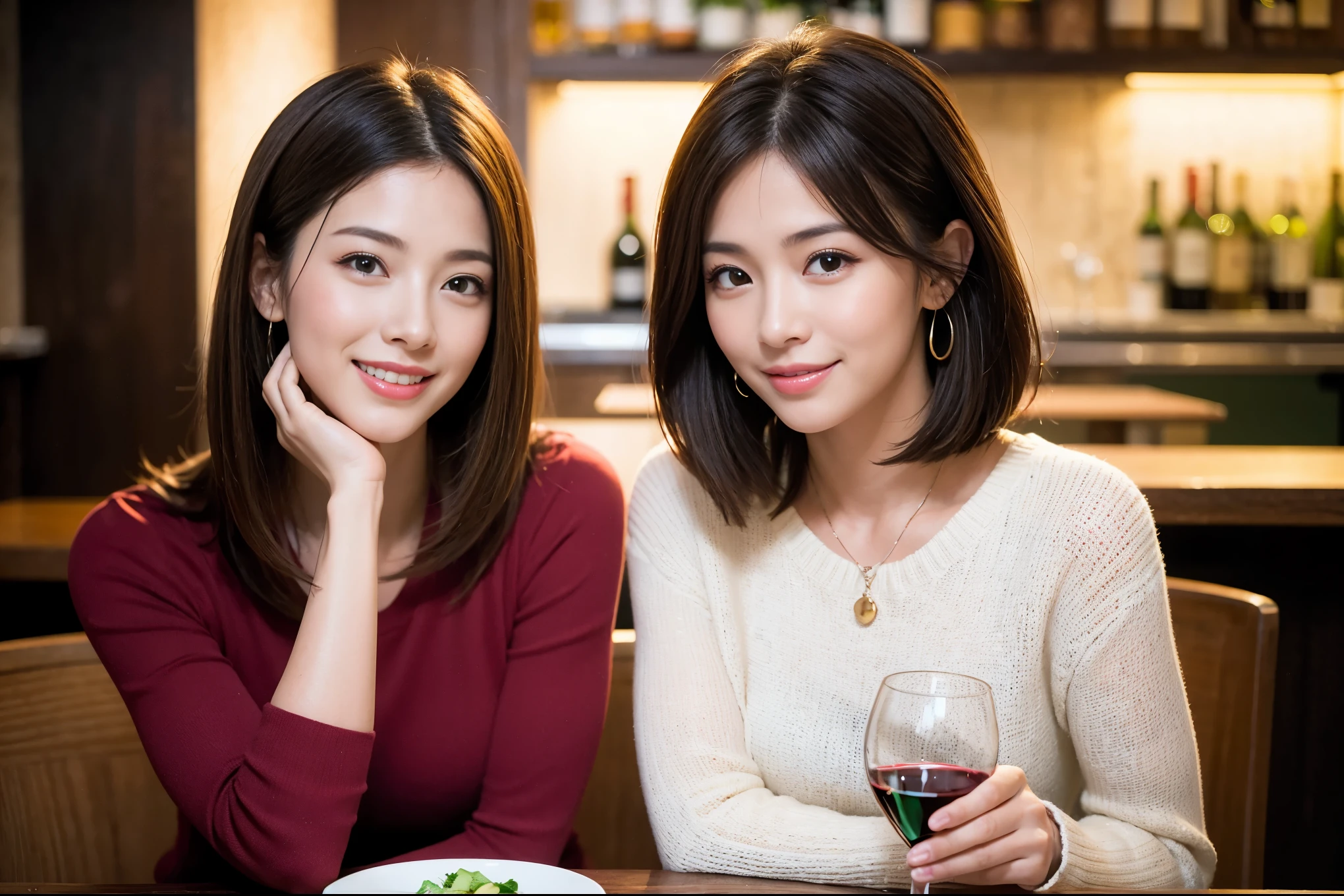 ((highest quality、8k、masterpiece:1.3))、1 male、1 woman who resembles Satomi Ishihara、Couple、Spouse、Couple、The body is slim、((Bob Hale、Straight hair:1.2)), (Realistic, Intricate details:1.2), テーブルの上のwine glass、Shine light on your face、 Amazing view of the sunset sky and clouds、Amazing mountain views、A bright smile、The wonderfulness of smile、Bright image、The beauty of wine, Beautiful Face, blue eyes, The light shines on your face, Blushing, short hair,Bright Face、 (36 years old), 39 years old, red wine 、Appetizers、Italian food、Wine bottle、Champagne、sparkling wine、Two beauties、Brown Hair、Shortcuts、Long sleeve shirt、dress、Pretty Woman 1, (slimな顔), (The body is slim), (Brown Hair), (Shortcuts), cheeks turn a little red,Attractive beauty、restaurant, In a prominent place (From the waist up) Nova Frog Style, actress, model, Upper Body, White wine, slim, wine glass, 中央に置かれたwine glass, smile, (smile: 1.15), Beautiful fine grain, Depth f/2,saturation, High Contrast, Strong light and shadow,Moist Body:1.5、3D texture、Delicate eyes、Brown Hair、The hair is very shiny、