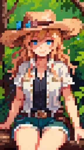 ((masterpiece:1.4)), (High resolution:1.4), (Sitting on a tree branch:1.5), open smile, Tess, Saw 2, alone, portrait, blue eyes, Cowgirl, Blonde Hair Wavy Hair, Cowboy hat, whole body, Shorts, bangs, badge, Medium Chest, smile,, garden, View your audience, smile, Beautiful Face, Highly detailed skin,