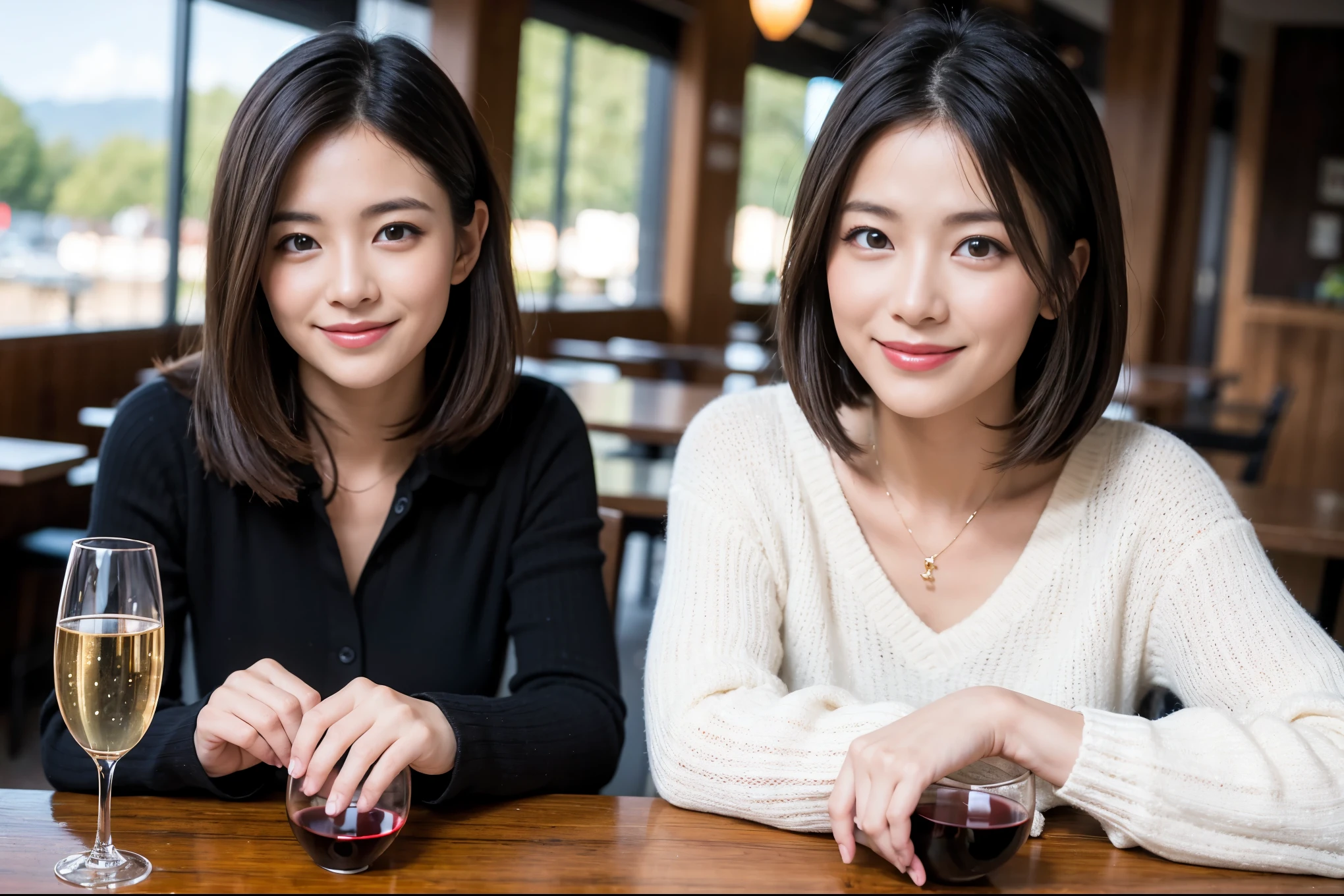 ((highest quality、8k、masterpiece:1.3))、1 male、1 female、石原さとみさん似Couple、Spouse、Couple、The body is slim、((Bob Hale、Straight hair:1.2)), (Realistic, Intricate details:1.2), テーブルの上のwine glass、Shine light on your face、 Amazing view of the sunset sky and clouds、Amazing mountain views、A bright smile、The wonderfulness of smile、Bright image、The beauty of wine, Beautiful Face, blue eyes, The light shines on your face, Blushing, short hair,Bright Face、 (Age 37), 39 years old, red wine 、Appetizers、Italian food、Wine bottle、Champagne、sparkling wine、Two beauties、Brown Hair、Shortcuts、Long sleeve shirt、dress、Pretty Woman 1, (slimな顔), (The body is slim), (Brown Hair), (Shortcuts), cheeks turn a little red,Attractive beauty、restaurant, In a prominent place (From the waist up) Nova Frog Style, actress, model, Upper Body, White wine, slim, wine glass, 中央に置かれたwine glass, smile, (smile: 1.15), Beautiful fine grain, Depth f/2,saturation, High Contrast, Strong light and shadow,Moist Body:1.5、3D texture、Delicate eyes、Brown Hair、The hair is very shiny、