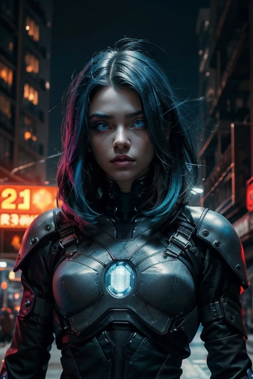 A stunning woman in a post-apocalyptic cyberpunk setting. Your fair skin glows under the neon light, Blue cybernetic eyes stand out from a chiseled face with strong features. Cabelos curto liso que reflete as luzes de LEDs piscantes. Ela veste um traje futurista preto e prata, with circuits and metallic armatures, adjusted to the athletic body, She's on a futuristic street, surrounded by crumbling skyscrapers, faded holographic signs, colorful neons and sparks from electrical wires. Metallic plates and urban debris punctuate the scene. The sky in shades of artificial purple and blue contrasts with the deep shadows of the streets.