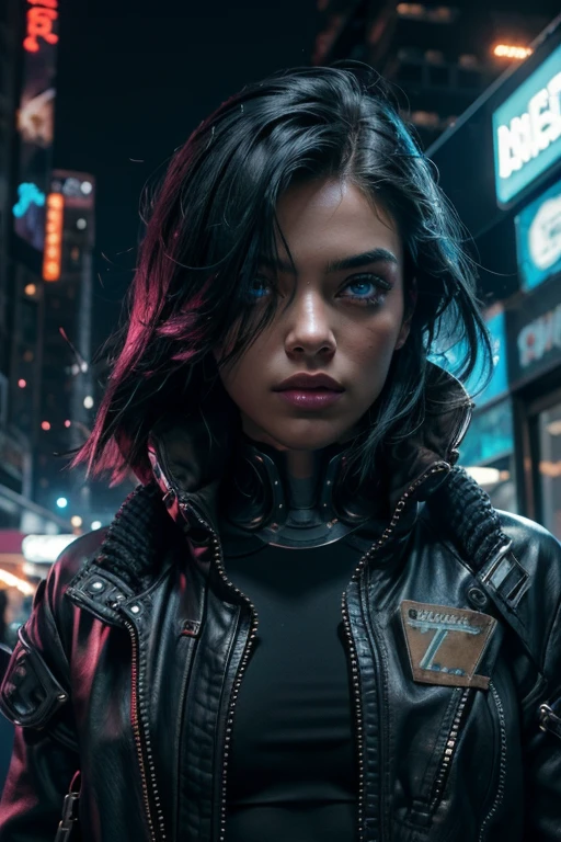 A stunning woman in a post-apocalyptic cyberpunk setting. Your fair skin glows under the neon light, Blue cybernetic eyes stand out from a chiseled face with strong features. Cabelos curto liso que reflete as luzes de LEDs piscantes. Ela veste um traje futurista preto e prata, with circuits and metallic armatures, adjusted to the athletic body, She's on a futuristic street, surrounded by crumbling skyscrapers, faded holographic signs, colorful neons and sparks from electrical wires. Metallic plates and urban debris punctuate the scene. The sky in shades of artificial purple and blue contrasts with the deep shadows of the streets.