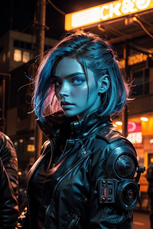 A stunning woman in a post-apocalyptic cyberpunk setting. Your fair skin glows under the neon light, Blue cybernetic eyes stand out from a chiseled face with strong features. Cabelos curto liso que reflete as luzes de LEDs piscantes. Ela veste um traje futurista preto e prata, with circuits and metallic armatures, adjusted to the athletic body, She's on a futuristic street, surrounded by crumbling skyscrapers, faded holographic signs, colorful neons and sparks from electrical wires. Metallic plates and urban debris punctuate the scene. The sky in shades of artificial purple and blue contrasts with the deep shadows of the streets.