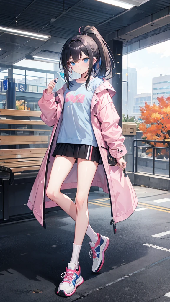 Small chest,masterpiece,best quality,official art,extremely detailed CG unity 8k wallpaper,day,in autumn,game_cg,huge_filesize,Chinese,bishoujo,hair over shoulder,black hair,high ponytail,beautiful detailed eyes,blue eyes,sparkling eyes,shoes,mall,high-school student,streaked hair(blue),Grey long T-shirt,Light pink coat,Black socks,sneakers