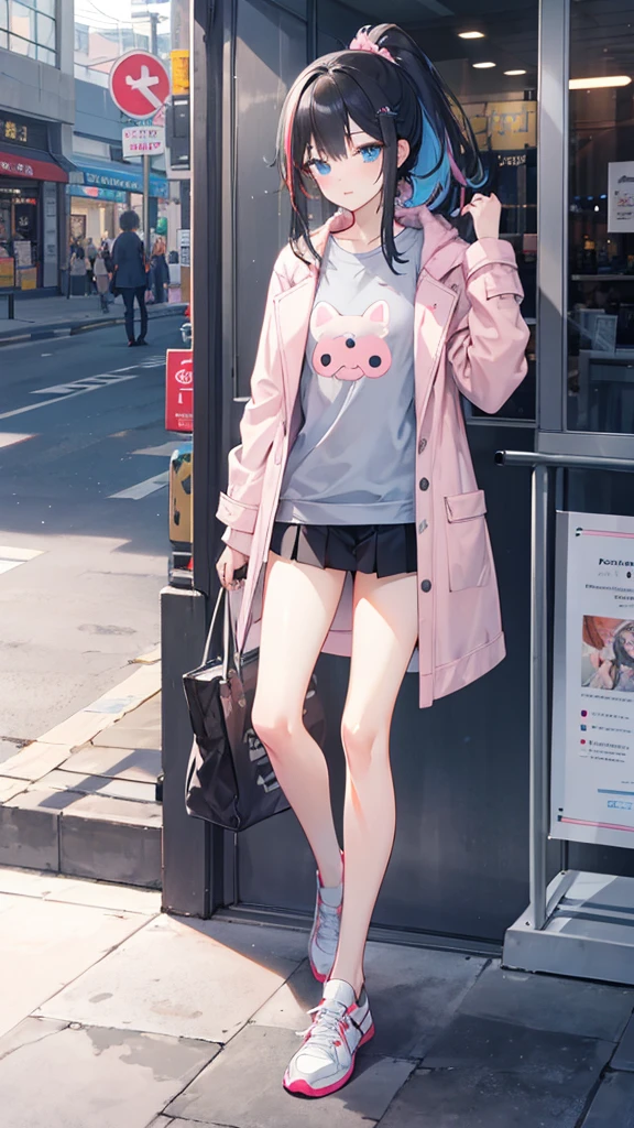 Small chest,masterpiece,best quality,official art,extremely detailed CG unity 8k wallpaper,day,in autumn,game_cg,huge_filesize,Chinese,bishoujo,hair over shoulder,black hair,high ponytail,beautiful detailed eyes,blue eyes,sparkling eyes,shoes,mall,high-school student,streaked hair(blue),Grey long T-shirt,Light pink coat,Black socks,sneakers