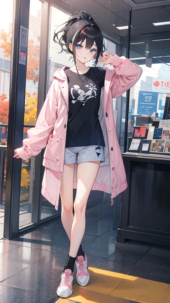 Small chest,masterpiece,best quality,official art,extremely detailed CG unity 8k wallpaper,day,in autumn,game_cg,huge_filesize,Chinese,bishoujo,hair over shoulder,black hair,high ponytail,beautiful detailed eyes,blue eyes,sparkling eyes,shoes,mall,high-school student,streaked hair(blue),Grey long T-shirt，Light pink coat，Black socks，sneakers