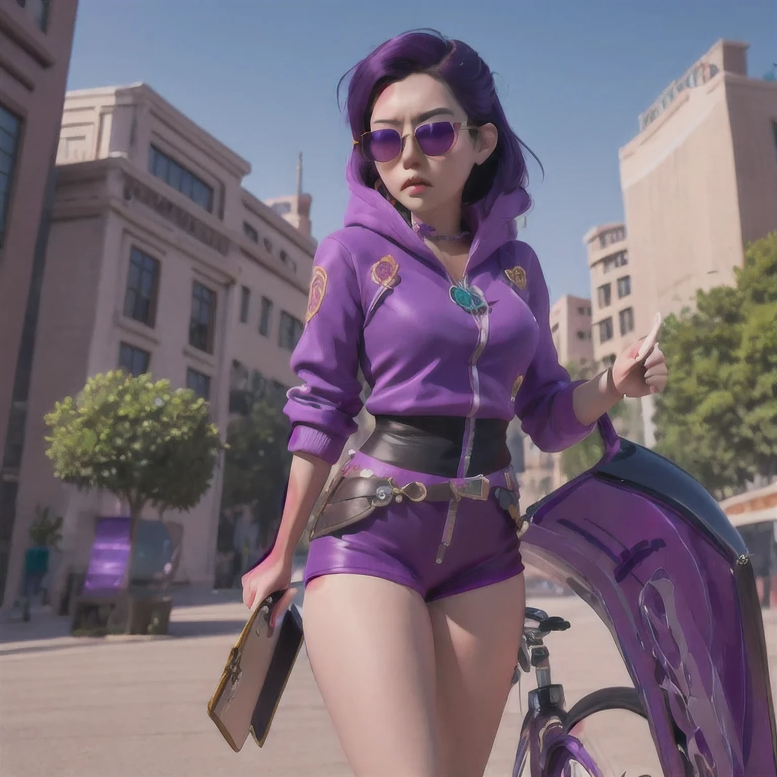 🌺 wearing a purple outfit and sunglasses with a purple choke, trending on cgstation, artwork in the style of guweiz, inspired by Yanjun Cheng, guweiz, deviantart artstation cgscosiety, 🌺 cgsociety, 3 d render character art 8 k, g 🌺 art style, inspired by Feng 🌺,sunglasses,（（Imperial Green Emerald Desert Windproof Sunglasses））With eyes closed