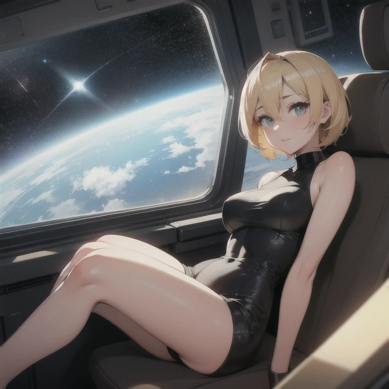 A blond young sexy woman with short hair and hot clothes sits on a seat in a spaceship and the window can show beautiful stars,futurama style