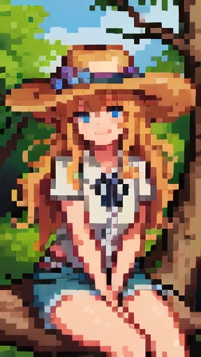 ((masterpiece:1.4)), (High resolution:1.4), (Sitting on a tree branch:1.5), open smile, Tess, Saw 2, alone, portrait, blue eyes, Cowgirl, Blonde Hair Wavy Hair, Cowboy hat, whole body, Shorts, bangs, badge, Medium Chest, smile,, garden, View your audience, smile, Beautiful Face, Highly detailed skin,