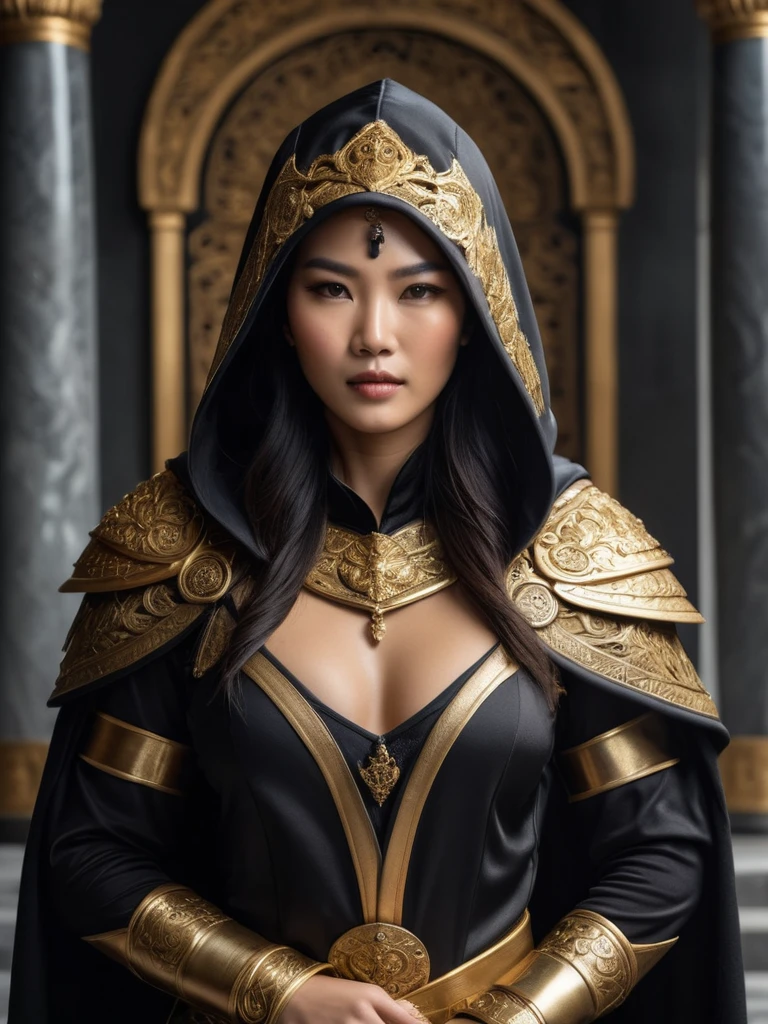 An ultra-realistic, award-winning photograph of a simply beautiful asian warrior woman, with a covered ample bust, and brown eyes, wearing a form-fitting hooded marble black-gold uniform, pronounced ornate golden shoulder guards, and golden bracers. Her black oversized hood hides her face. She is showing a little skin, and standing in a throne room with a round table as a backdrop. The woman is a shy commander with a lot of experience and can use air magic. The full-body image exudes a sense of physical prowess and betrayal, captured in a moment of unyielding determination. Taken with expert precision, this smooth and intricately detailed photograph promises to leave an indelible impression.