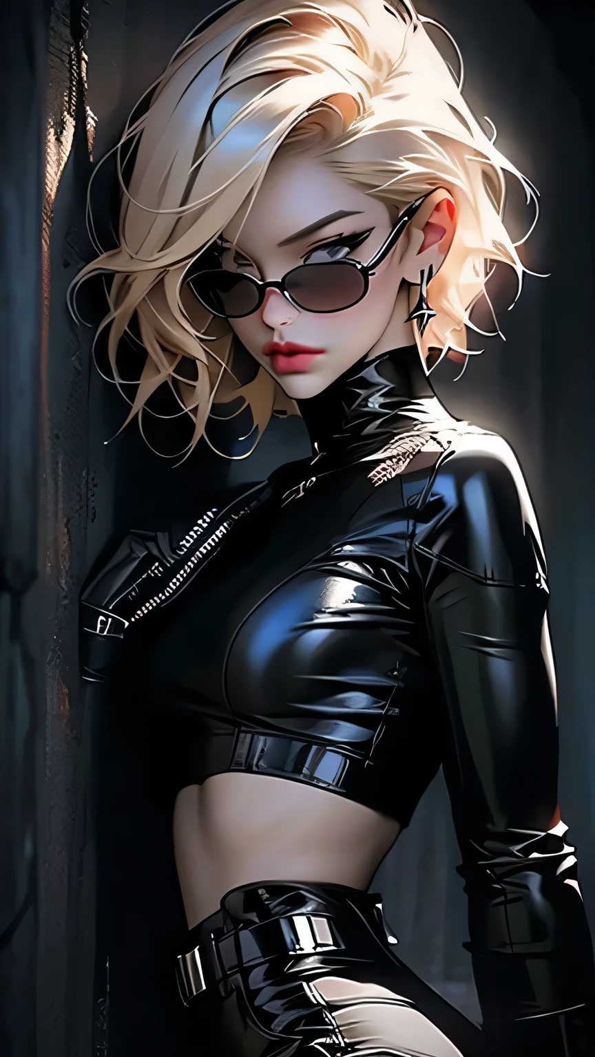 sexy, ((Blonde short hair)), black eye, black cropExcellent, Excellent, (Black latex bikini set), (Black Micro Bikini Panties), Black boots, Black gloves, 黒いHigh heel boots、sexy, (Short blonde hair), black eye, Black latex bikini set, (Black long boots), (Black Leather Gloves), High heel boots、((Portraiture))、masterpiece, 最high quality, high quality, High resolution、((In a dark cave))、Black Theme, Black Micro Bikini Panties, ((Stand and pose))、((Upper body portrait)), (Black latex bikini set),Remove your sunglasses