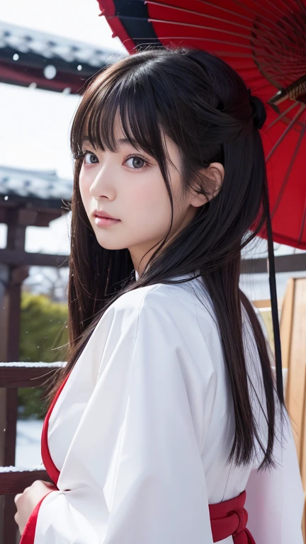 8K、Detailed Description、Very high definition、Realistic、reality的、Real、live-action、reality、High resolution、Nogizaka46、japanese idol,beautiful girl、21 years old、profile,Daytime、Snow Scene、Dark brown eyes,red hakama,white japanese shrine maiden outfit,shurine,Shrine grounds、Shrine maiden、Shrine maidenの衣装、Mouth closed、Long Hair、Knee-up-top angle of view、Back view、look back、Very black hair、pretty girl、Beauty、Glowing Skin、Glowing Skin、Shiny Hair、Very white skin、Heavy makeup、Large Breasts、Slit eyes、Dark brown eyes、Big Eyes、Double eyelids、Don&#39;t show your teeth、Look at me and smile、clear