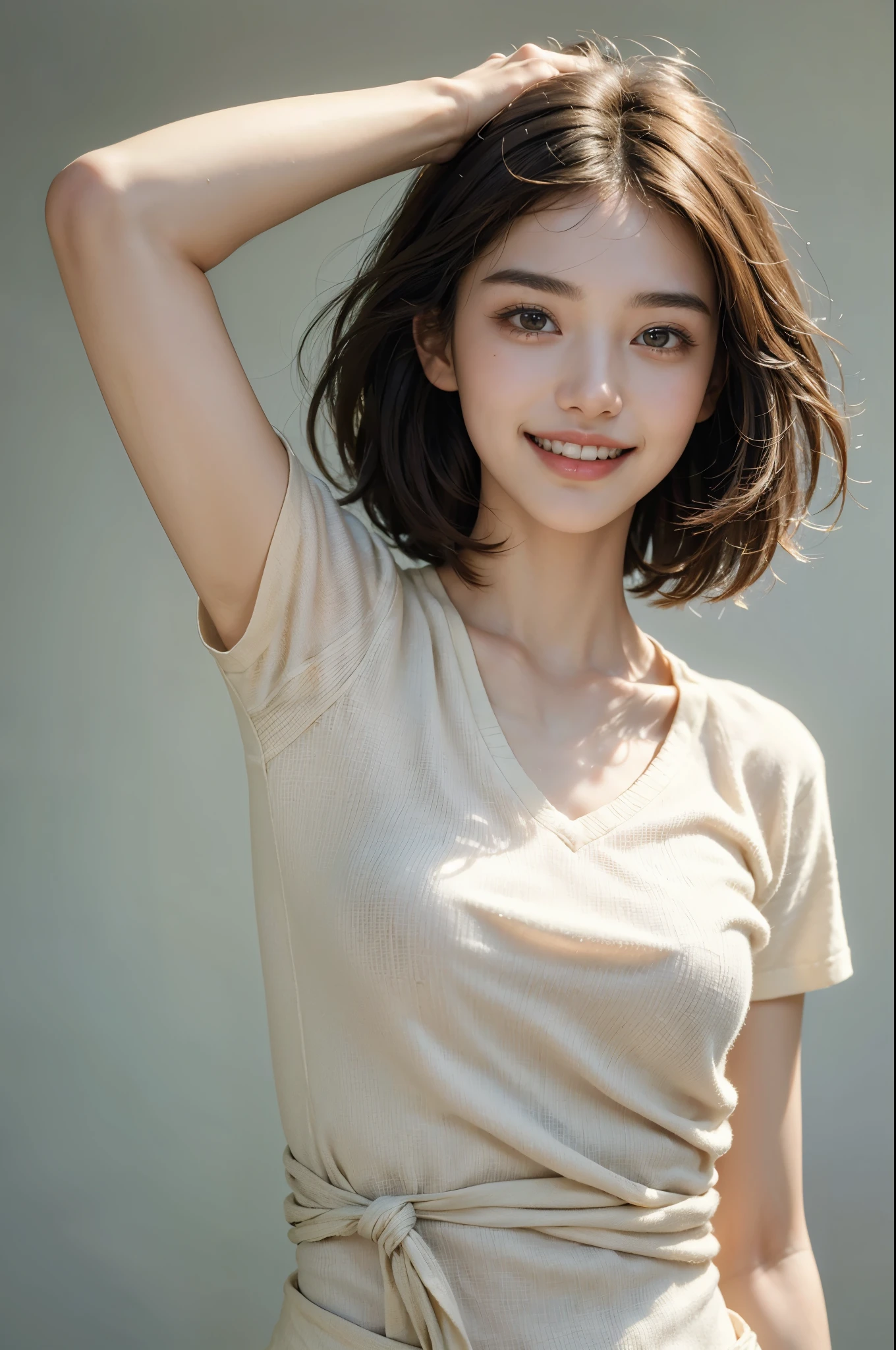 (highest quality, masterpiece, Ultra-high resolution, photo-Realistic:1.6), (Portraiture, Face to face), 1 girl, 20-year-old,Raise your arms and clench your fists, (K-POPアイドルコスチューム), (Very short hair), (short bangs above the eyebrows,,), (Look up at the audience), Realistic, (Simple solid color background), Image Media Chest), (Smile with visible teeth)