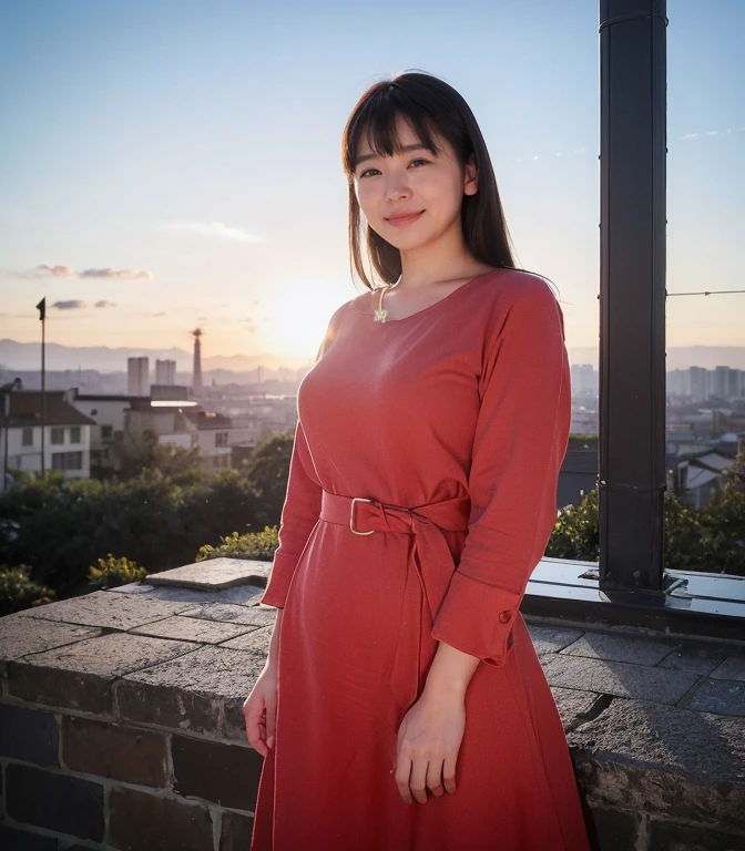 ((highest quality、8k、masterpiece:1.3))、Photorealistic, Sharp focus, high resolution, High resolution, Portraiture, alone, Japanese, Beautiful woman, 26 years old、Big Breasts、Red Casual Dress、Photograph the whole body、((((Standing at the top of the chimney))))、Sunset、Overlooking the city、smile
