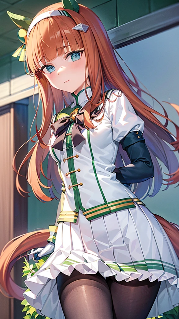 Masterpiece, Best Quality, close up, face shot,
silence suzuka \(umamusume\),black gloves, white skirt, pleated skirt, black tights, layered sleeves, puffy short sleeves, short over long sleeves, black bow, The highest neckline, (((8K FHD))), computer graphics, The body does not lack, Beautiful and smooth skin, Unique Style, (((The viewer lies under the girl))), (a girl standing), (((The girl lifts her skirt with her hands))), (((shows the viewer his panties))), (Facial anxiety), ssmile, (red cheeks), higly detailed, a lot of details, (Beautiful panties), (((Focus on your panties))), ((The tail of a horse on a girl's lower back)), (((Panties big plan)))