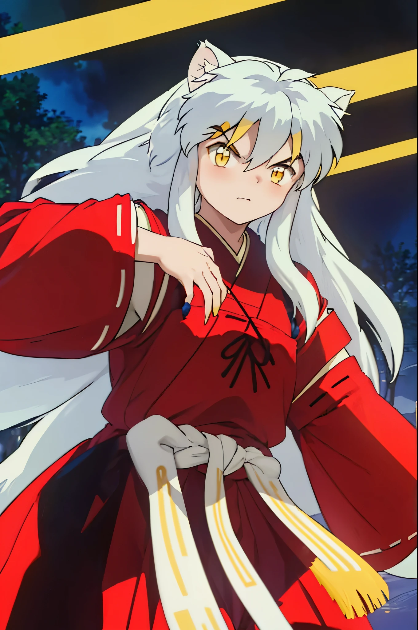 inuyasha, long hair, animal ears, white hair, male focus,dog ears, (yellow eyes:1.5),japanese clothes, hakama, red hakama,strongly embarassed,blushing,in forest, 4k absurdres