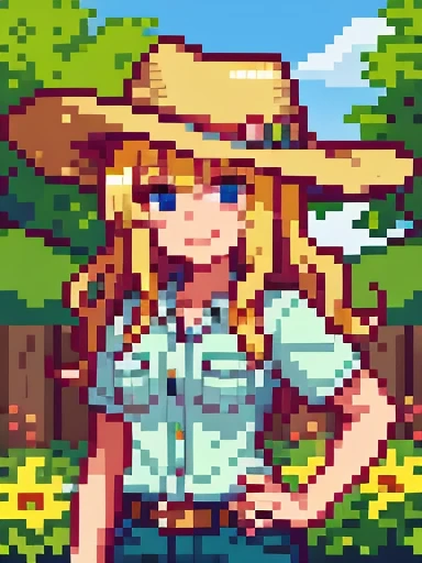 Cowgirl, Blonde Hair Wavy Hair, Cowboy hat, whole body, Shorts, bangs, badge, Medium Chest, smile,, garden, View your audience, smile, Beautiful Face, Highly detailed skin,