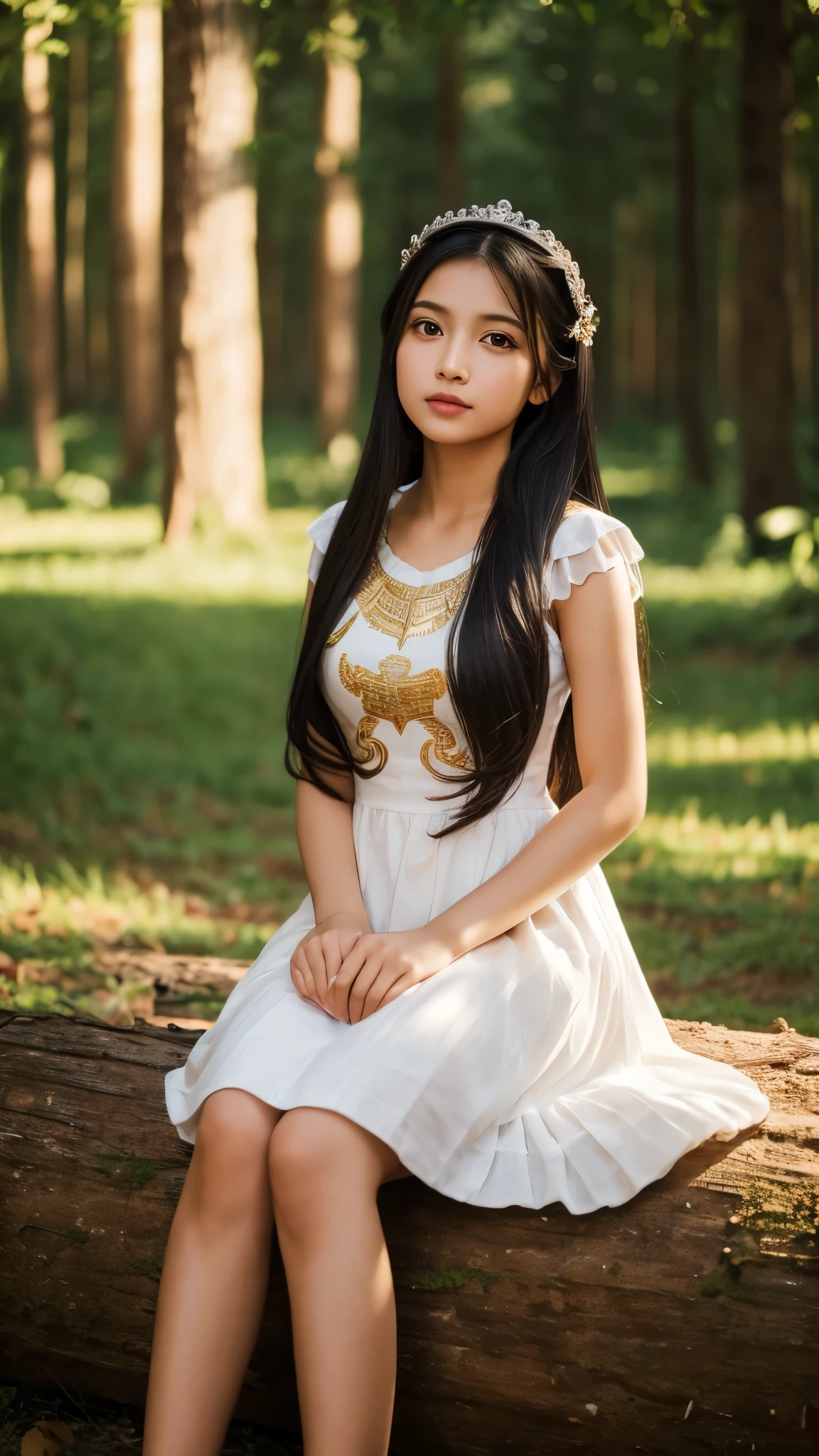 (masterpiece, highest quality), One girl(Athena_Assamese), Cute Dresses, Long black hair, Sitting, Beautiful outdoor background, night, forest