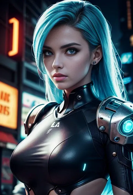 a stunning woman in a post-apocalyptic cyberpunk setting. your fair skin glows under the neon light, blue cybernetic eyes stand ...