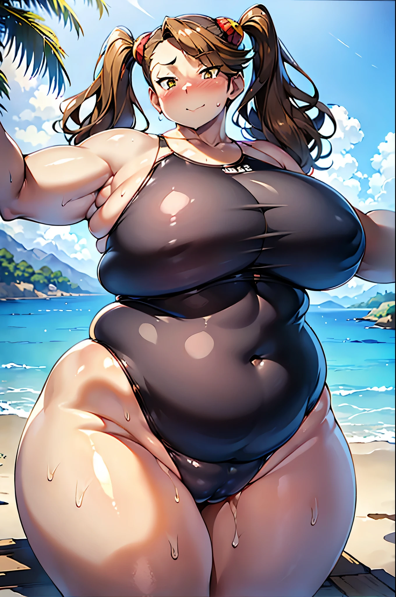 Woman in swimsuit(),Brown Hair,Light brown eyes,Twin tails,thick-boned,Beautiful curves,Medium Hair,Curvaceous body,Blushed,Alluring expression,Smooth thick thighs,Obese!!,Chubby!!,Chubby!!,Sweat,vapor,Wide torso,Thick arms,peace sign