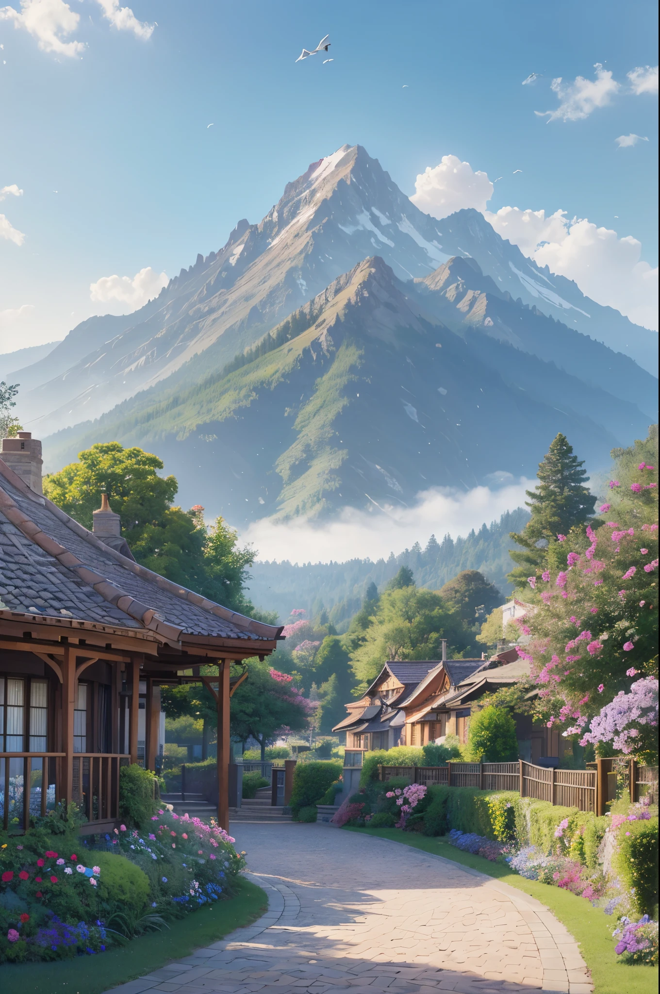 villa, Flowers by the fence, Roadside fence,  Mountain landscape with lake and boats, Birds flying in the blue sky, Illustration Matte Paint,  Thomas Kinkade (Thomas Kinkade) of inspiration, Symmetrical matte paint, Detailed scenery , Original style, 8K ultra-fine，Anime style