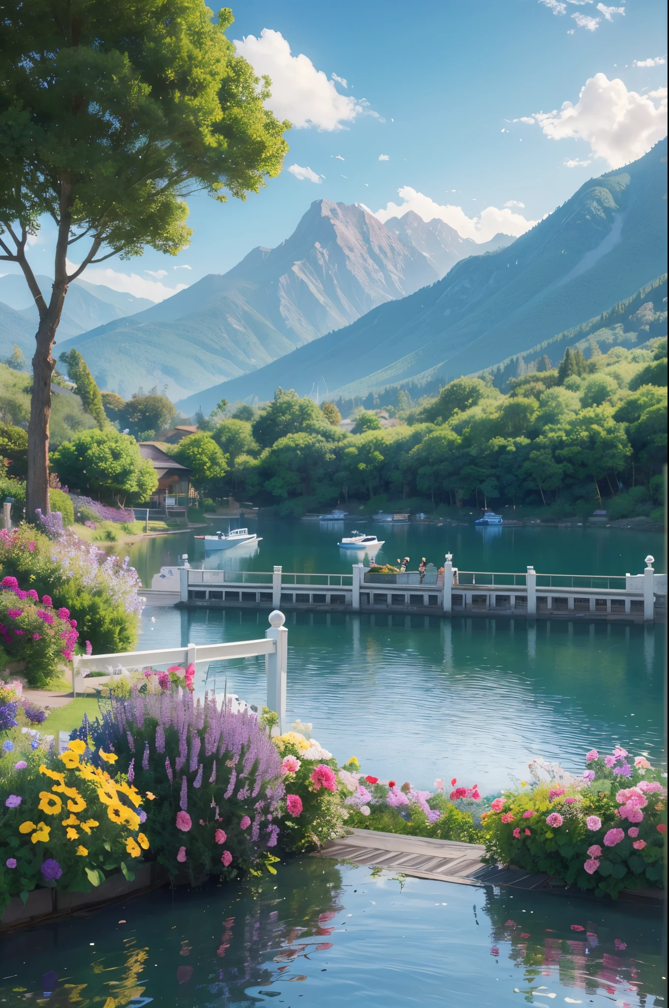 villa, Flowers by the fence, Roadside fence,  Mountain landscape with lake and boats, Birds flying in the blue sky, Illustration Matte Paint,  Thomas Kinkade (Thomas Kinkade) of inspiration, Symmetrical matte paint, Detailed scenery , Original style, 8K ultra-fine，Anime style