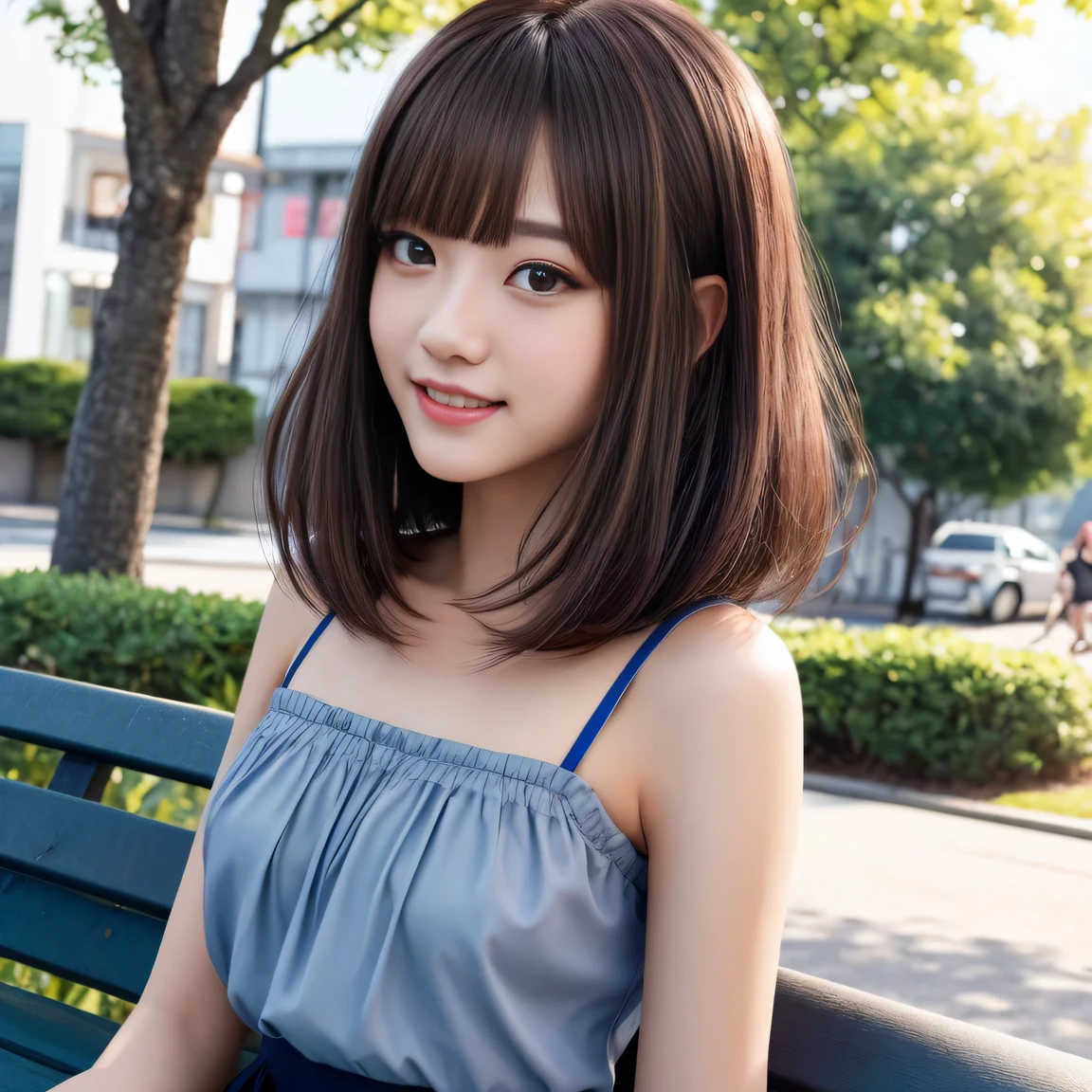 Product quality,photograph、 8k wallpaper、 One girl, Upper Body Shot, Front view, Young and beautiful woman in Japan, Streetscape、、Smiling and sitting on a park bench, attractive、camisole、 Wearing a navy blue pleated mini skirt, Super cute face, Glossy lips, Double eyelids on both eyes, Natural Makeup, Long eyelashes, shiny smooth light brown bob hair, Asymmetrical bangs, Sunburned skin, Center image, High resolution, High detail, Detailed hairstyle, Detailed face, Spectacular movie lighting, Octane Rendering, Vibrant, Ultra-realistic, Perfect limbs, Perfect Anatomy