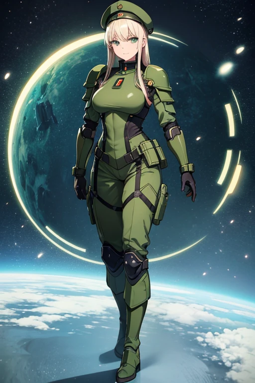 Anime drawings、Full body portrait、Space SF soldiers、A well-built woman, about 37 years old and standing upright, about 175cm tall, wearing dark green bulletproof armor.、Smiling with mouth closed、Hairstyle is medium straight、Platinum Blonde Hair、gloves、Green Eyes、Military boots、military cap、Shoulder Armor