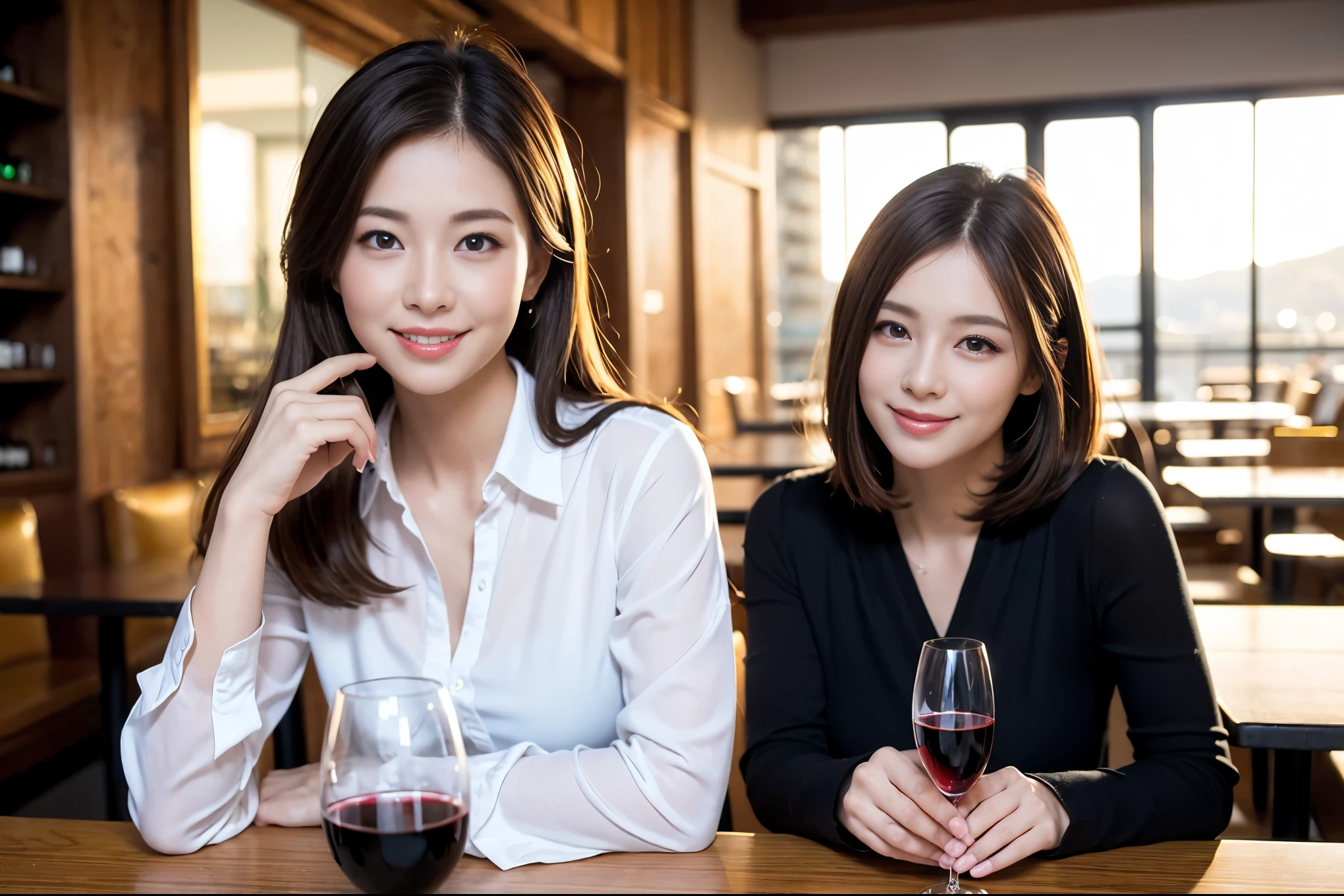 ((highest quality、8k、masterpiece:1.3))、1 male、1 woman who resembles Satomi Ishihara、Couple、Spouse、Couple、The body is slim、((Bob Hale、Straight hair:1.2)), (Realistic, Intricate details:1.2), Wine glass on the table、Shine light on your face、 Amazing view of the sunset sky and clouds、Amazing mountain views、A bright smile、The wonderfulness of smile、Bright image、The beauty of wine, Beautiful Face, blue eyes, The light shines on your face, Blushing, short hair,Bright Face、 (42 years old), 39 years old, red wine 、Appetizers、Italian food、Wine bottle、Champagne、sparkling wine、Two beauties、Brown Hair、Shortcuts、Long sleeve shirt、dress、Pretty Woman 1, (Slim face), (The body is slim), (Brown Hair), (Shortcuts), cheeks turn a little red,Attractive beauty、restaurant, In a prominent place (From the waist up) Nova Frog Style, actress, model, Upper Body, White wine, slim, wine glass, A wine glass placed in the center, smile, (smile: 1.15), Beautiful fine grain, Depth f/2,saturation, High Contrast, Strong light and shadow,Moist Body:1.5、3D texture、Delicate eyes、Brown Hair、The hair is very shiny、