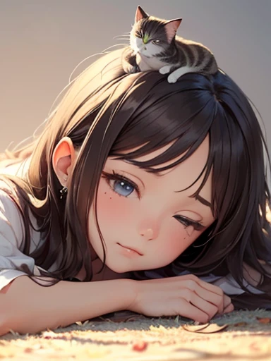 masterpiece, 最high quality, (((Girl lying face down)))、((Cat lying on head))、, Beautiful fine details, Beautiful detailed cat,, Very fine fur, Soft and fluffy, Adorable, Playful, Curious look, Long Hair Girl, Girl looking up at cat, Intricate details, high quality, 8k, Realistic, masterpiece, Natural light, Warm tones