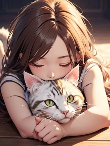 masterpiece, 最high quality, (((Girl lying face down)))、((Cat lying on head))、, Beautiful fine details, Beautiful detailed cat,, Very fine fur, Soft and fluffy, Adorable, Playful, Curious look, Long Hair Girl, Girl looking up at cat, Intricate details, high quality, 8k, Realistic, masterpiece, Natural light, Warm tones