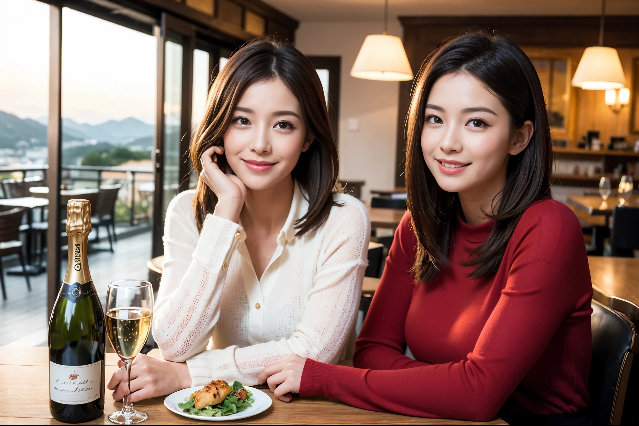 ((highest quality、8k、masterpiece:1.3))、1 male、1 woman who resembles Satomi Ishihara、Couple、Spouse、Couple、The body is slim、((Bob Hale、Straight hair:1.2)), (Realistic, Intricate details:1.2), Wine glass on the table、Shine light on your face、 Amazing view of the sunset sky and clouds、Amazing mountain views、A bright smile、The wonderfulness of smile、Bright image、The beauty of wine, Beautiful Face, blue eyes, The light shines on your face, Blushing, short hair,Bright Face、 (42 years old), 39 years old, red wine 、Appetizers、Italian food、Wine bottle、Champagne、sparkling wine、Two beauties、Brown Hair、Shortcuts、Long sleeve shirt、dress、Pretty Woman 1, (Slim face), (The body is slim), (Brown Hair), (Shortcuts), cheeks turn a little red,Attractive beauty、restaurant, In a prominent place (From the waist up) Nova Frog Style, actress, model, Upper Body, White wine, slim, wine glass, A wine glass placed in the center, smile, (smile: 1.15), Beautiful fine grain, Depth f/2,saturation, High Contrast, Strong light and shadow,Moist Body:1.5、3D texture、Delicate eyes、Brown Hair、The hair is very shiny、