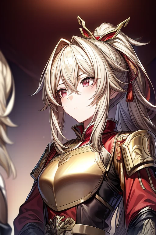 (masterpiece, best quality, perfect face, expressive eyes), 1girl, (anime), (adult), blonde hair, red eyes, chinese general clothes, small breasts, gold breastplate, golden chinese armor, ponytail, gold hairpin,